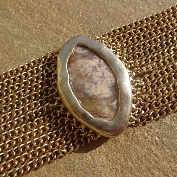 Chico's Gold Cable Chain & Picture Jasper Gemstone Big Boho Chic Toggle Bracelet - Picture 2 of 9